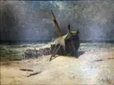 L'épave Musée Mainssieux abc1 van Gustave Courbet: zee met gestrand schip, strand, branding en wolken, in grijsblauw en wit
