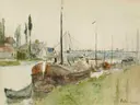 L'Oise à Maurecourt, 1876 van Berthe Morisot: landschap met rivier, boten, bomen en oever, in zacht groen en grijs