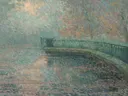 La balustrade by Henri Eugène , 1908 van Henri Le Sidaner: landschap met balustrade, mist, water en tuin, in zacht grijsblauw