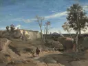 La Cervara, the Roman Campagna van Jean-Baptiste-Camille Corot: landschap met rotsen, bomen, vergezicht en figuren, in blauw en oker