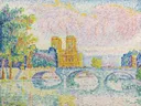 La Cité, Paris, 1934, lot.48 van Paul Signac: stad met notre dame, brug, seine en bomen, in roze en turquoise