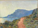 La Corniche bij Monaco van Claude Monet: landschap met kust, bergen, zee en pad, in blauw met okergeel