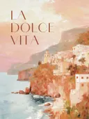 Schilderij van een Italiaans kustdorp op een klif bij zonsondergang