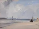 La Ferté van Richard Parkes Bonington: zee met strand, zeilboten, zee en wolken, in zacht blauwgrijs en zand