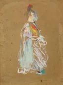 La Goulue en Almée van Henri de Toulouse-Lautrec: figuren met danseres, jurk, staand en hoed, in bruin karton met wit