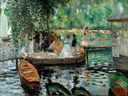 La Grenouillère door Renoir en Monet van Pierre-Auguste Renoir: landschap met water, roeiboten, vlonder en bomen, in groen en blauw
