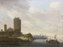 La Grosse Tour. Paysage fluvial van Salomon van Ruysdael: landschap met toren, rivier, zeilboten en ruine, in gedempt bruin en blauw