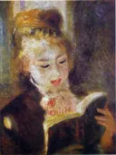 La Liseuse van Pierre-Auguste Renoir: portret met lezende vrouw, boek, blond haar en licht, in warm goudgeel