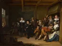La main chaude van Cornelis de Man: interieur met gezelschap, spel, kamer en kinderen, in warm bruin