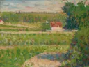 La Maison au toit rouge, par van Georges Seurat: landschap met huis, rood dak, velden en bomen, in groen en rood