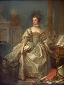 La marquise de Pompadour van Francois Boucher: portret met vrouw, zijden jurk, interieur en boeken, in zacht wit en goud