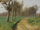 La plaine et les champs .webp van Rosa Bonheur: landschap met laan, bomen, zandweg en velden, in fris groen met grijs