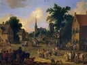La plaza de la aldea van Pieter Bout: stad met dorpsplein, markt, kerk en huizen, in warm bruin en blauw
