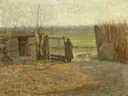 (La porte de la ferme014450) van Henri Le Sidaner: landschap met boerderij, hek, weiland en avond, in gedempt grijsgroen