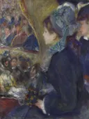 La première sortie van Pierre-Auguste Renoir: figuren met theater, loge, vrouwen en hoeden, in donkerblauw met okergeel
