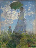 La Promenade van Claude Monet: figuren met vrouw, parasol, kind en gras, in helder blauw en groen