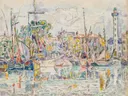 La Rochelle, le phare van Paul Signac: zee met haven, vuurtoren, zeilboten en huizen, in licht blauw en geel