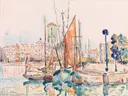 La Rochelle van Paul Signac: zee met haven, zeilschepen, kade en huizen, in licht roze en turquoise