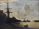 La Tamise à Erith. van Charles-François Daubigny: zee met schepen, rivier, boten en wolken, in gedempt grijs en beige