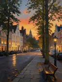 Laan met banken in avondlicht, schilderij