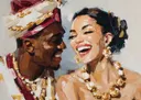 Close-up schilderij van een lachend koppel met gouden sieraden
