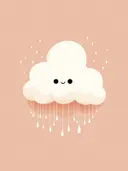 Illustratie van een lachende witte wolk met neerdruppelende regendruppels op zachtroze achtergrond.