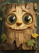 Boomstronk met een gezicht: grote groenige ogen, een houten neus en een brede glimlach, omringd door herfstbladeren