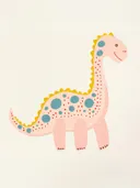 Illustratie van een roze dinosaurus met blauwe stippen en gele stekels, kinderkamer schilderij