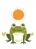 Schilderij van een lachende groene kikker onder een zon