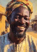 Portret van een lachende oudere marktkoopman met hoofddoek