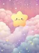 Illustratie van een lachende gele ster tussen roze wolken en glinsterende sterren.