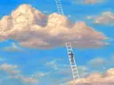 Surrealistisch schilderij van een ladder die uit een wolk hangt met een klimmende figuur.