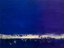 Paletmes abstract schilderij, lage horizon in kobalt en violet