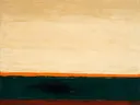 Paletmes abstract schilderij, lage horizon in rust en teal