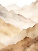 Waterverf schilderij van gelaagde bergruggen in beige en grijstinten.