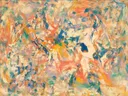 Action painting schilderij, lagen (sweep) in fel koraal