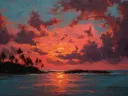 Schilderij van een lagune met palmbomen en bergen bij zonsondergang