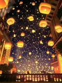 Lampionnen boven de straat, dieren schilderij