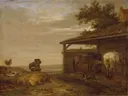 Landbouwer in de mist van Paulus Potter: dieren met paard, schapen, varkens en stal, in warm bruin en beige