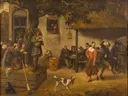 Landelijk feest van Jan Steen: figuren met dorpsfeest, dans, hond en bomen, in warm bruin en groen