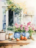 Schilderij van een landelijk keukenstilleven met bloemen