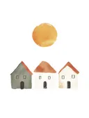 Schilderij van drie kleine huisjes onder een zon in aquarelstijl