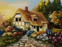 Schilderij van een rieten huisje met bloementuin