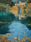 Schilderij van een landhuis met waterval bij een meer vol waterlelies en kolkend water