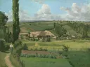 Landscape at Les Pâtis, Pontoise van Camille Pissarro: landschap met velden, bomen, heuvel en wolken, in groen met blauw
