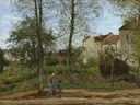 Landscape at Louveciennes (Autumn) van Camille Pissarro: landschap met huizen, bomen, herfst en weg, in okergeel en groen