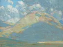 Landscape, Eastern Oregon (Clouds and Mountains) SN00655102 001 1 001 van Childe Hassam: landschap met bergen, wolken en heuvels, in helder blauw en groen