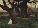 Landscape in Algerië (1879) van Emile Claus: landschap met bomen, olijfbomen, figuur en zon, in gedempt groen en oker
