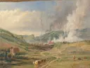 Landscape near Swansea, South Wale van James Ward: landschap met heuvels, vergezicht, koeien en rook, in gedempt grijsgroen