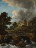 Landscape with a Church by a Torrent van Jacob van Ruisdael: landschap met waterval, rotsen, kerk en bomen, in donkerbruin en grijs